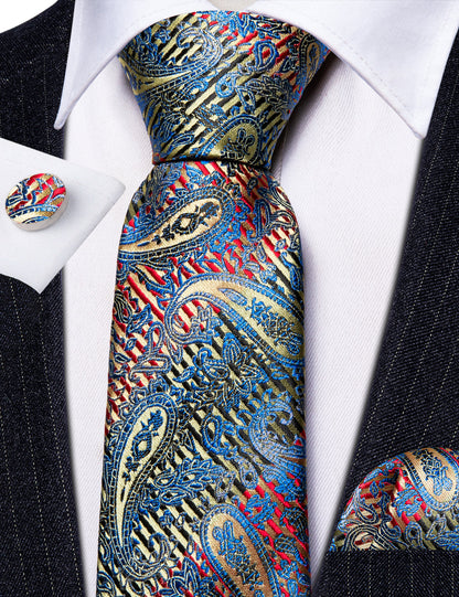 Shining Blue Red Paisley Silk Tie, Pocket Square and Cufflinks Set tie sets    - Sophisticated Gentlemen