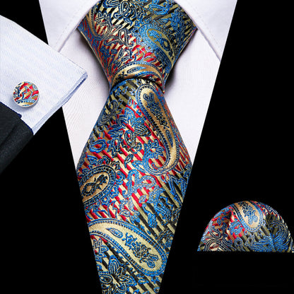 Shining Blue Red Paisley Silk Tie, Pocket Square and Cufflinks Set tie sets    - Sophisticated Gentlemen