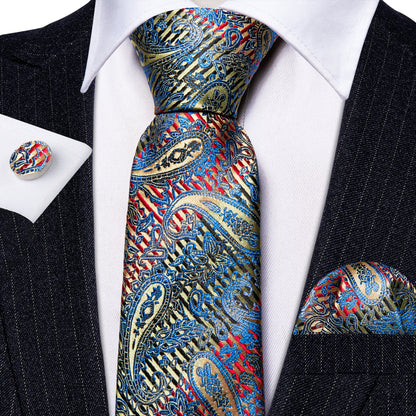 Shining Blue Red Paisley Silk Tie, Pocket Square and Cufflinks Set tie sets    - Sophisticated Gentlemen