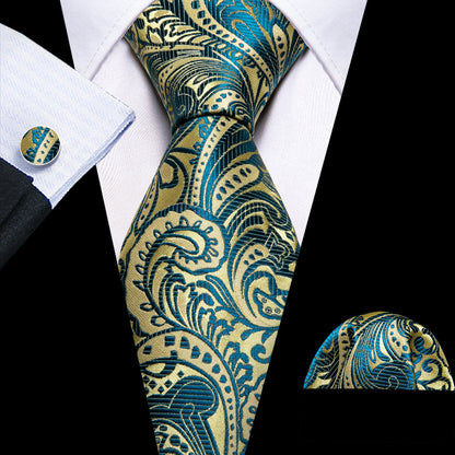Gold Teal Blue Paisley Silk Tie, Pocket Square and Cufflinks Set tie sets    - Sophisticated Gentlemen