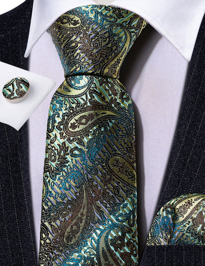 Black Gold Paisley Silk Tie, Pocket Square and Cufflinks Set tie sets    - Sophisticated Gentlemen