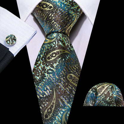 Black Gold Paisley Silk Tie, Pocket Square and Cufflinks Set tie sets    - Sophisticated Gentlemen