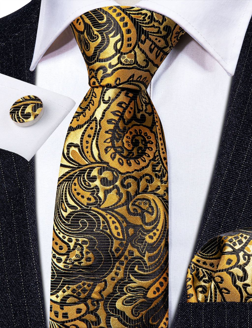 Classy Gold Black Paisley Silk Tie, Pocket Square and Cufflinks Set tie sets    - Sophisticated Gentlemen