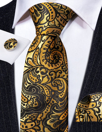 Classy Gold Black Paisley Silk Tie, Pocket Square and Cufflinks Set tie sets    - Sophisticated Gentlemen