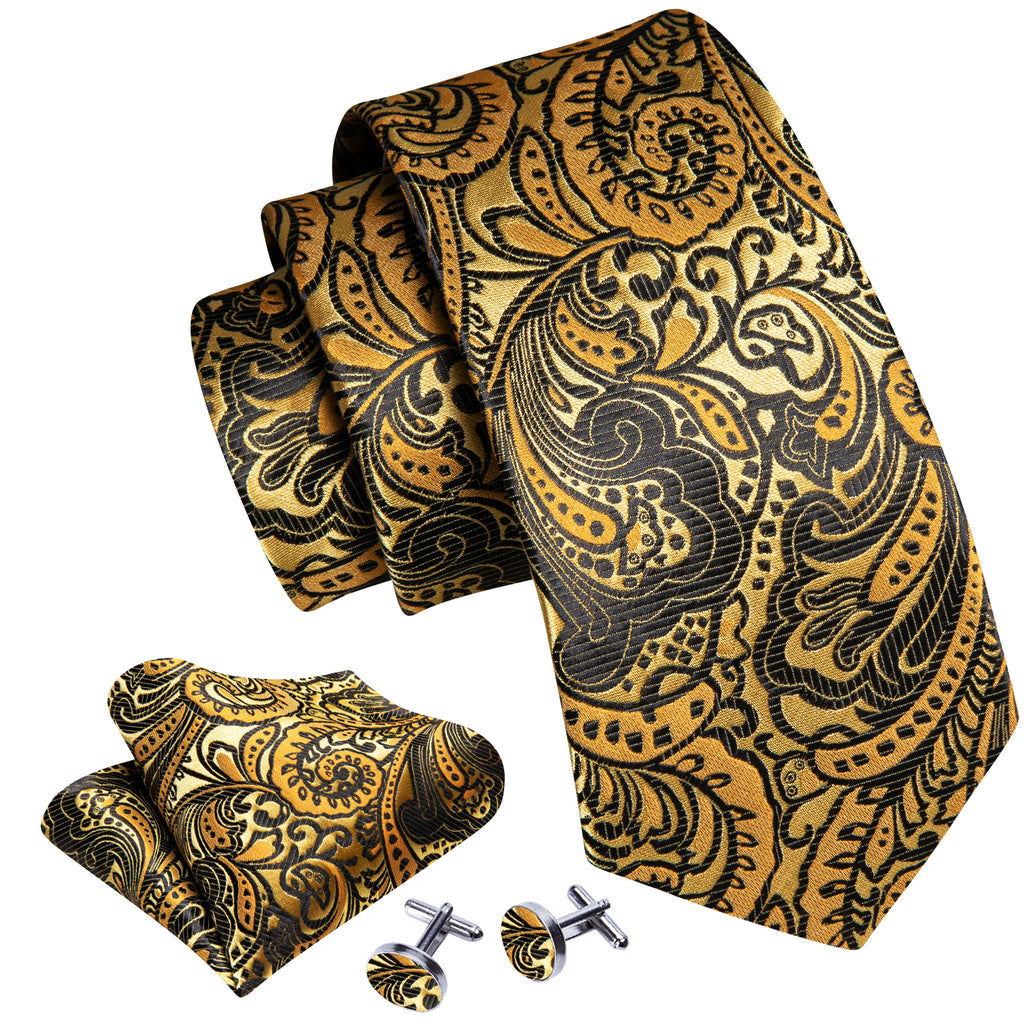 Classy Gold Black Paisley Silk Tie, Pocket Square and Cufflinks Set tie sets    - Sophisticated Gentlemen