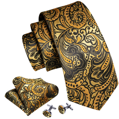 Classy Gold Black Paisley Silk Tie, Pocket Square and Cufflinks Set tie sets    - Sophisticated Gentlemen
