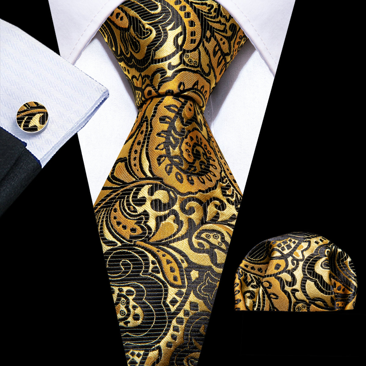Classy Gold Black Paisley Silk Tie, Pocket Square and Cufflinks Set tie sets    - Sophisticated Gentlemen
