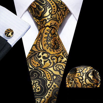Classy Gold Black Paisley Silk Tie, Pocket Square and Cufflinks Set tie sets    - Sophisticated Gentlemen