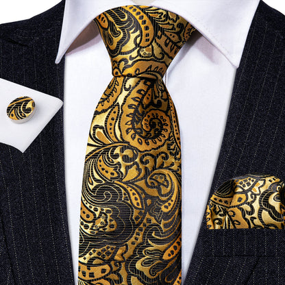 Classy Gold Black Paisley Silk Tie, Pocket Square and Cufflinks Set tie sets    - Sophisticated Gentlemen