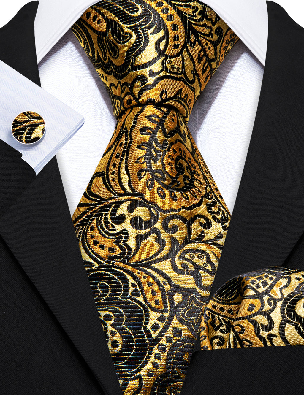 Classy Gold Black Paisley Silk Tie, Pocket Square and Cufflinks Set tie sets    - Sophisticated Gentlemen