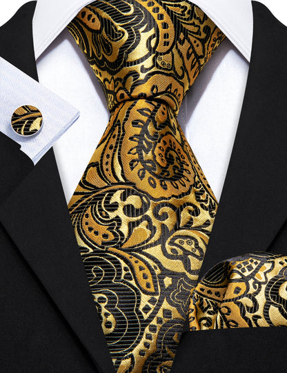 Classy Gold Black Paisley Silk Tie, Pocket Square and Cufflinks Set tie sets    - Sophisticated Gentlemen