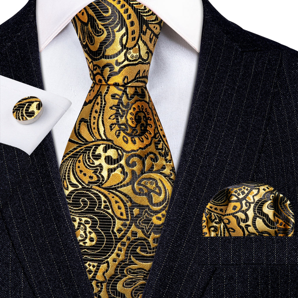 Classy Gold Black Paisley Silk Tie, Pocket Square and Cufflinks Set tie sets    - Sophisticated Gentlemen