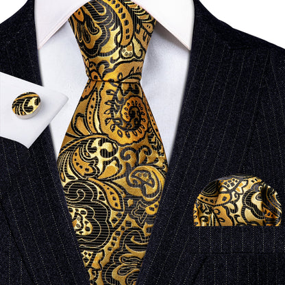 Classy Gold Black Paisley Silk Tie, Pocket Square and Cufflinks Set tie sets    - Sophisticated Gentlemen