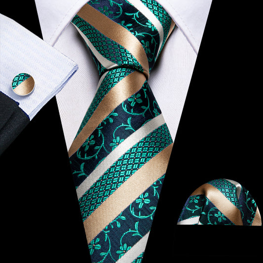 Green Peru Champagne Striped Silk Tie, Pocket Square and Cufflinks Set tie sets    - Sophisticated Gentlemen