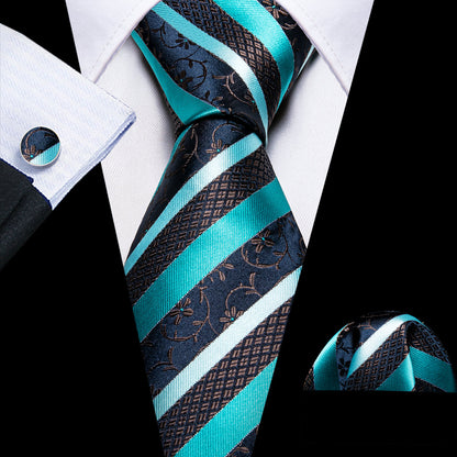 Aqua Blue Black Striped Silk Tie, Pocket Square and Cufflinks Set tie sets    - Sophisticated Gentlemen
