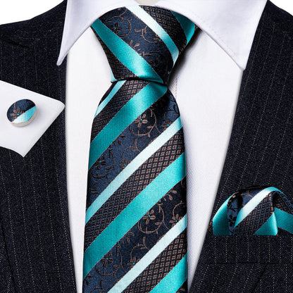 Aqua Blue Black Striped Silk Tie, Pocket Square and Cufflinks Set tie sets    - Sophisticated Gentlemen