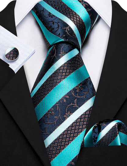 Aqua Blue Black Striped Silk Tie, Pocket Square and Cufflinks Set tie sets    - Sophisticated Gentlemen
