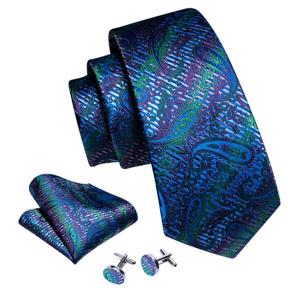 Dark Blue Paisley Silk Tie, Pocket Square and Cufflinks Set tie sets    - Sophisticated Gentlemen