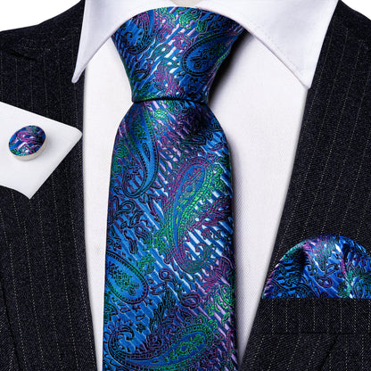 Dark Blue Paisley Silk Tie, Pocket Square and Cufflinks Set tie sets    - Sophisticated Gentlemen