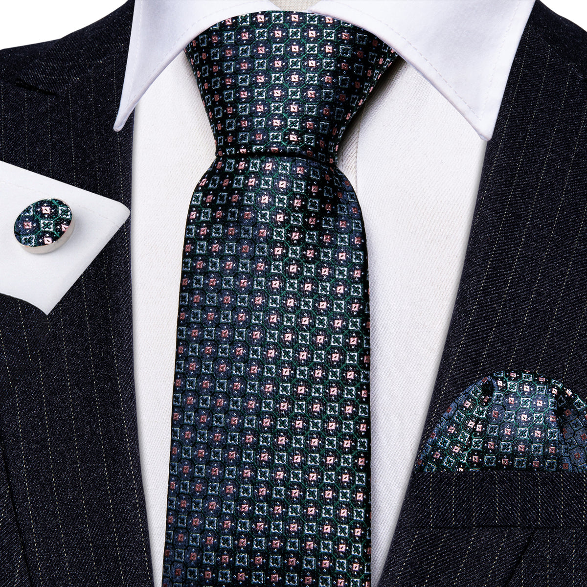 Blue Green Plaid Silk Tie, Pocket Square and Cufflinks Set tie sets    - Sophisticated Gentlemen