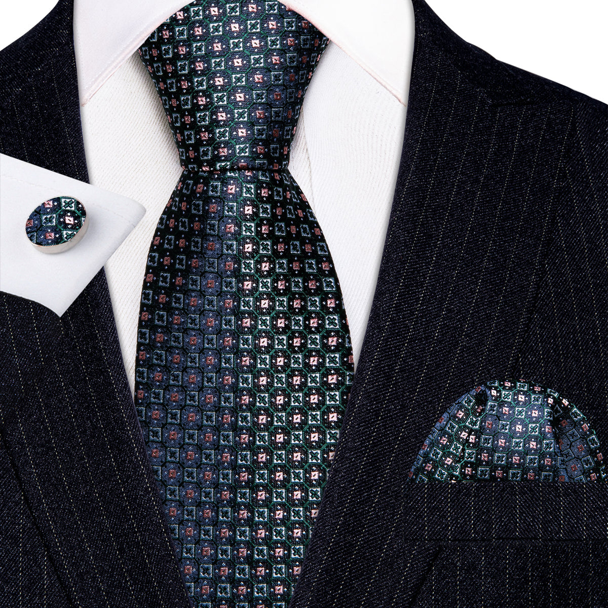 Blue Green Plaid Silk Tie, Pocket Square and Cufflinks Set tie sets    - Sophisticated Gentlemen
