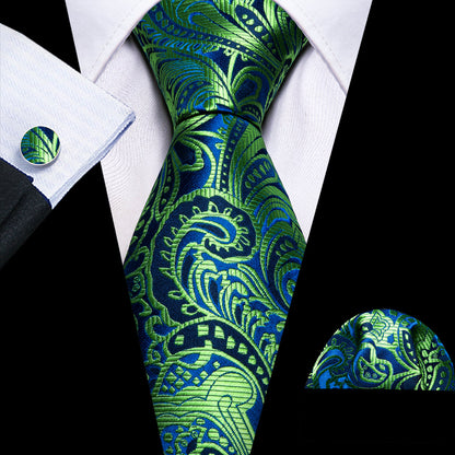 Green Blue Paisley Silk Tie, Pocket Square and Cufflinks Set tie sets    - Sophisticated Gentlemen