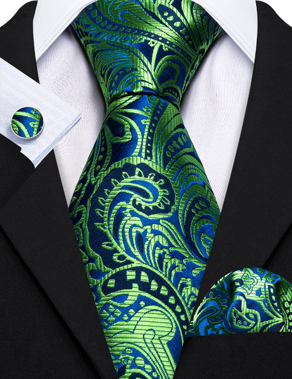 Green Blue Paisley Silk Tie, Pocket Square and Cufflinks Set tie sets    - Sophisticated Gentlemen