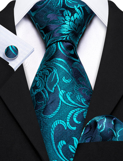 Dark Cyan Blue Paisley Silk Tie, Pocket Square and Cufflinks Set tie sets    - Sophisticated Gentlemen