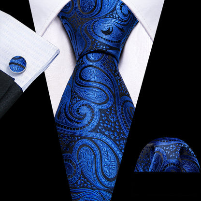 Blue Paisley Silk Tie, Pocket Square and Cufflinks Set tie sets    - Sophisticated Gentlemen