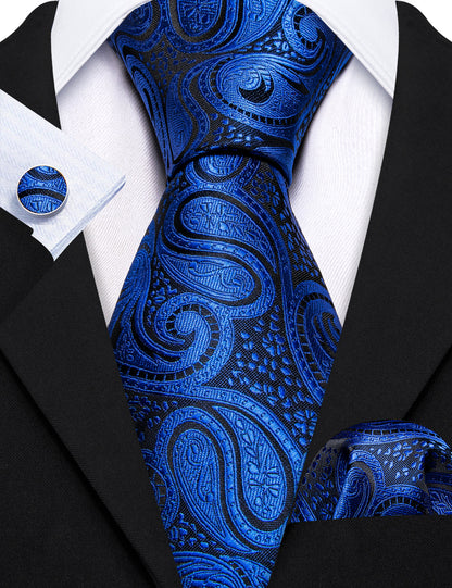 Blue Paisley Silk Tie, Pocket Square and Cufflinks Set tie sets    - Sophisticated Gentlemen