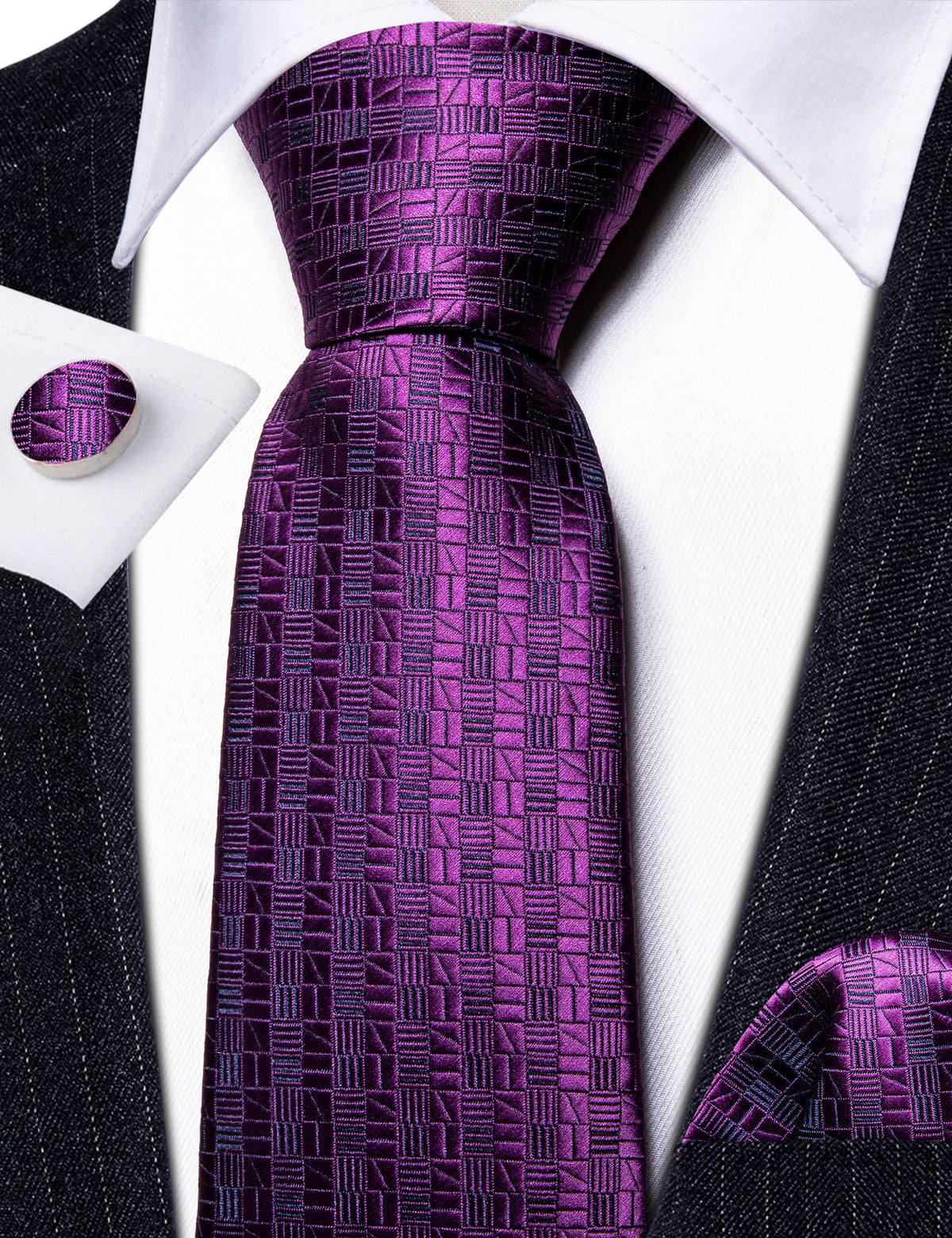 Deep Purple Plaid Silk Tie, Pocket Square and Cufflinks Set tie sets    - Sophisticated Gentlemen