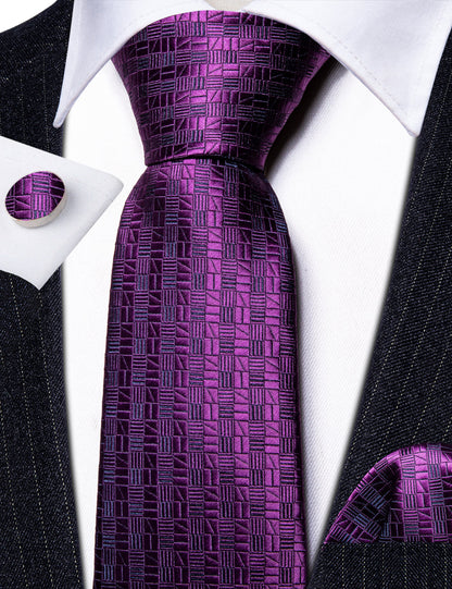 Deep Purple Plaid Silk Tie, Pocket Square and Cufflinks Set tie sets    - Sophisticated Gentlemen