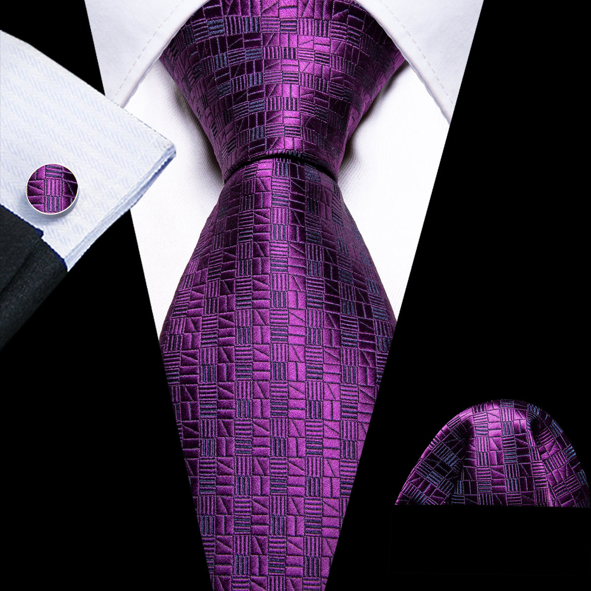 Deep Purple Plaid Silk Tie, Pocket Square and Cufflinks Set tie sets    - Sophisticated Gentlemen