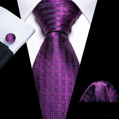 Deep Purple Plaid Silk Tie, Pocket Square and Cufflinks Set tie sets    - Sophisticated Gentlemen