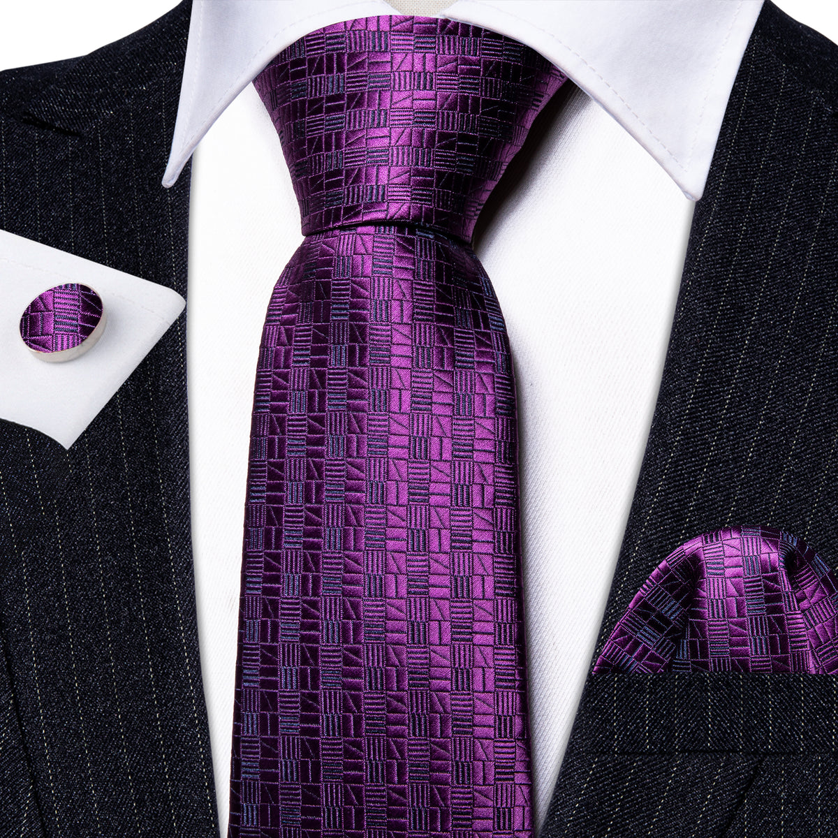 Deep Purple Plaid Silk Tie, Pocket Square and Cufflinks Set tie sets    - Sophisticated Gentlemen