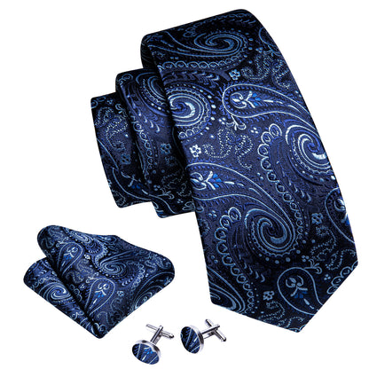Blue White Paisley Silk Tie, Pocket Square and Cufflinks Set tie sets    - Sophisticated Gentlemen