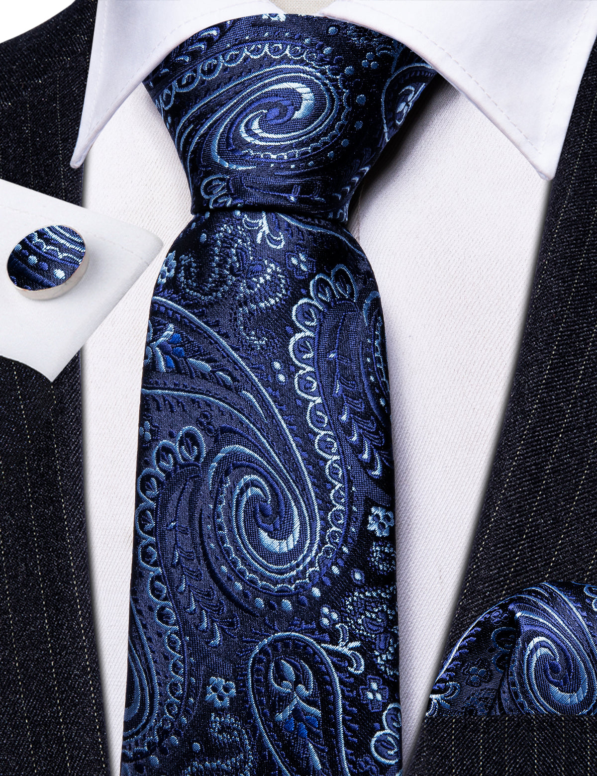 Blue White Paisley Silk Tie, Pocket Square and Cufflinks Set tie sets    - Sophisticated Gentlemen