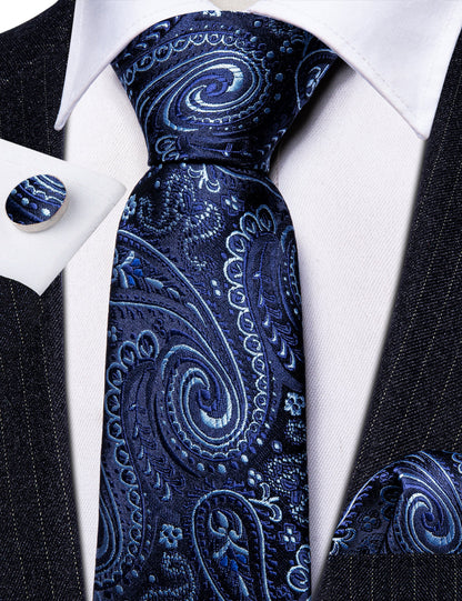 Blue White Paisley Silk Tie, Pocket Square and Cufflinks Set tie sets    - Sophisticated Gentlemen