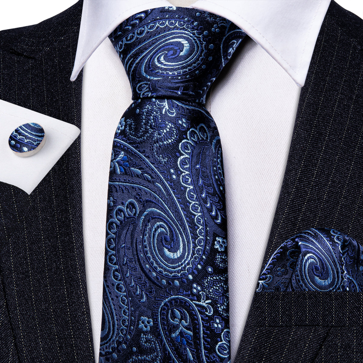 Blue White Paisley Silk Tie, Pocket Square and Cufflinks Set tie sets    - Sophisticated Gentlemen