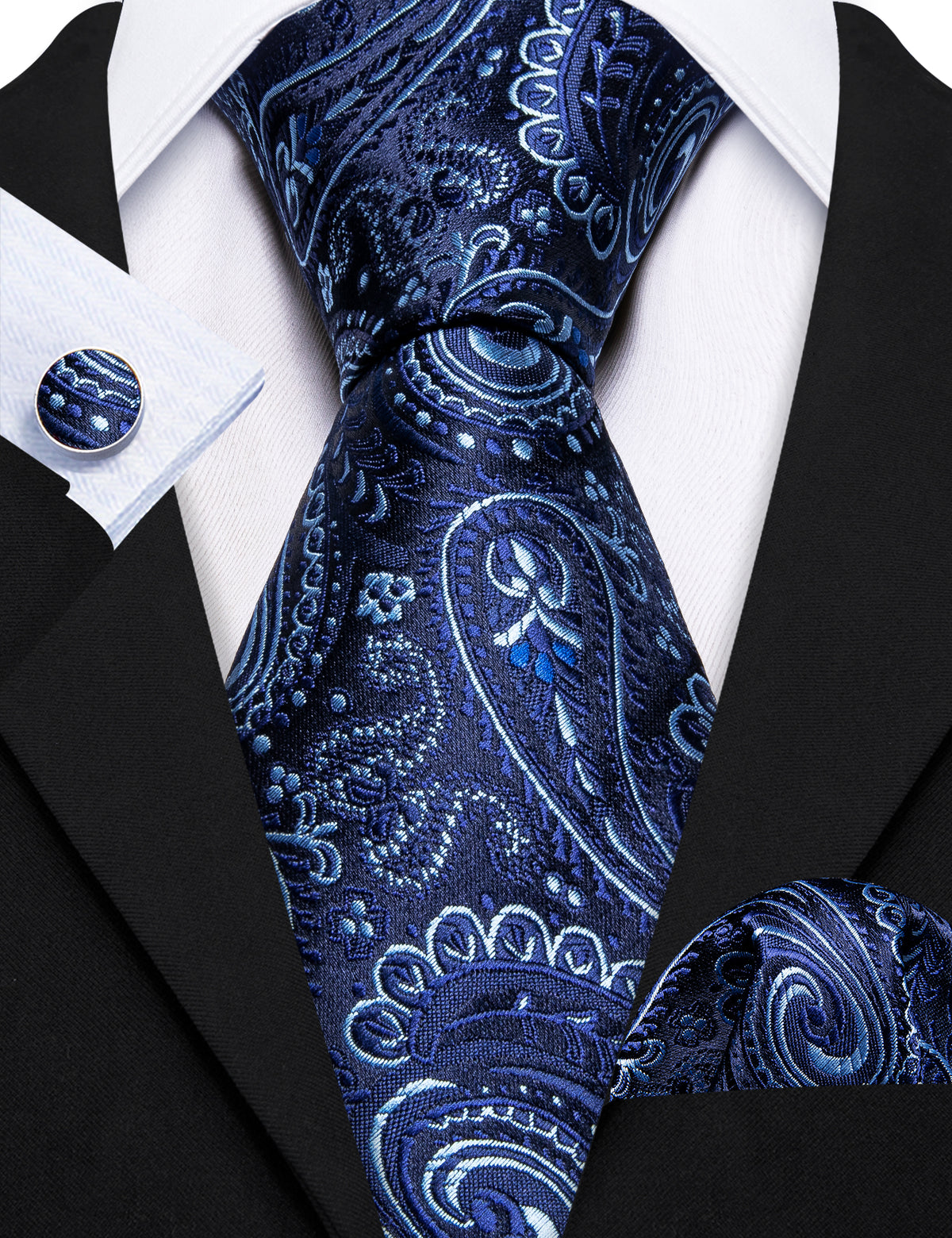 Blue White Paisley Silk Tie, Pocket Square and Cufflinks Set tie sets    - Sophisticated Gentlemen