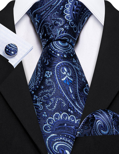 Blue White Paisley Silk Tie, Pocket Square and Cufflinks Set tie sets    - Sophisticated Gentlemen