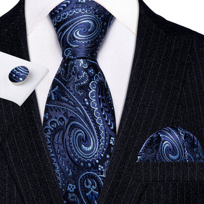 Blue White Paisley Silk Tie, Pocket Square and Cufflinks Set tie sets    - Sophisticated Gentlemen
