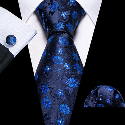 Black Blue Floral Silk Tie, Pocket Square and Cufflinks Set tie sets    - Sophisticated Gentlemen