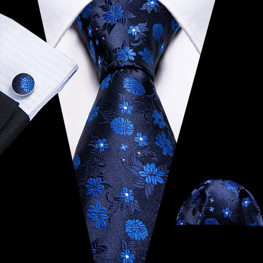Black Blue Floral Silk Tie, Pocket Square and Cufflinks Set tie sets    - Sophisticated Gentlemen