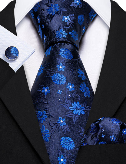 Black Blue Floral Silk Tie, Pocket Square and Cufflinks Set tie sets    - Sophisticated Gentlemen
