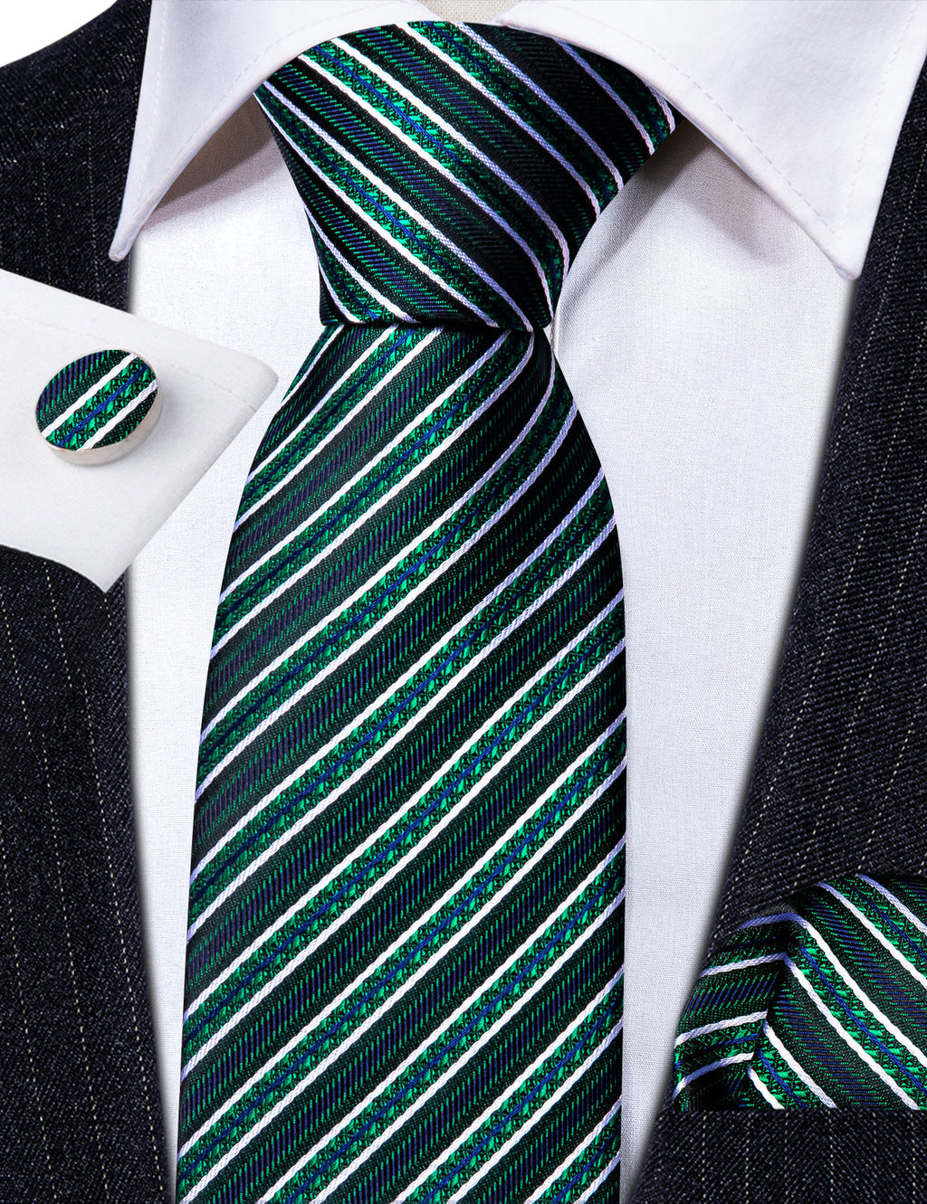 Green White Striped Silk Tie, Pocket Square and Cufflinks Set tie sets    - Sophisticated Gentlemen