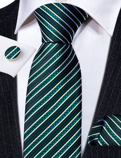 Green White Striped Silk Tie, Pocket Square and Cufflinks Set tie sets    - Sophisticated Gentlemen