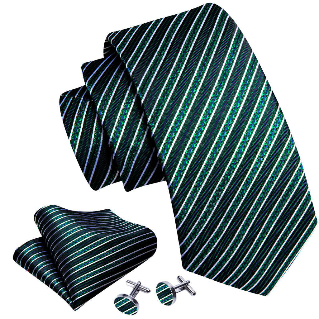 Green White Striped Silk Tie, Pocket Square and Cufflinks Set tie sets    - Sophisticated Gentlemen