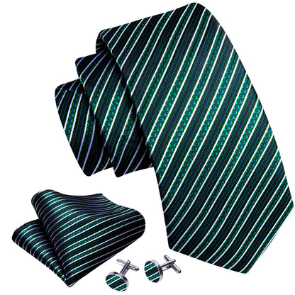 Green White Striped Silk Tie, Pocket Square and Cufflinks Set tie sets    - Sophisticated Gentlemen