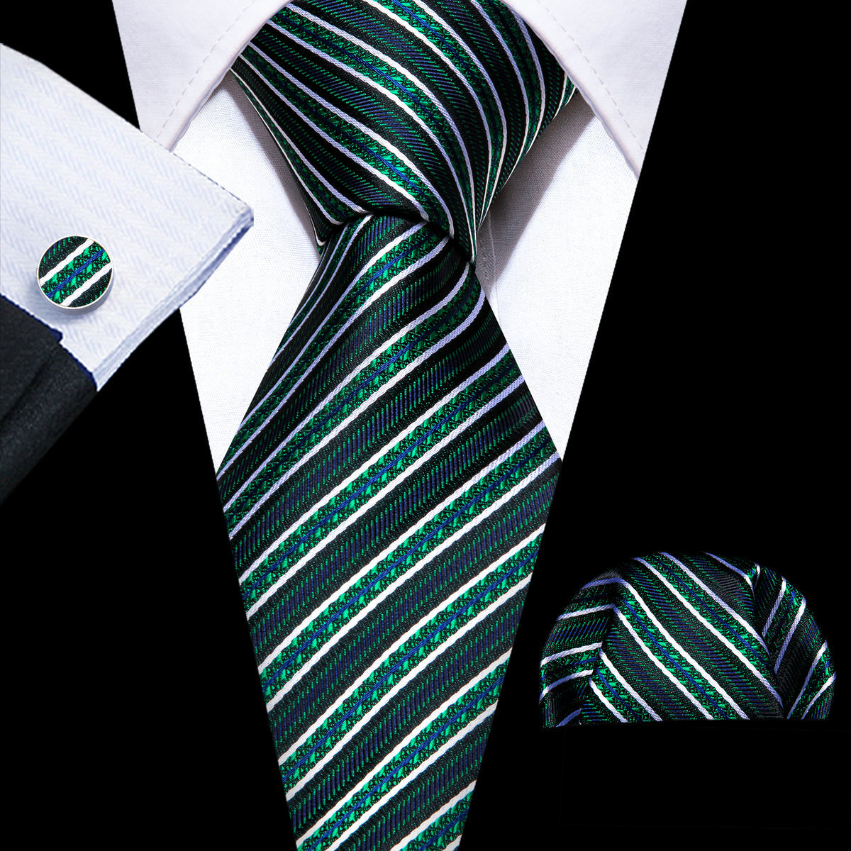 Green White Striped Silk Tie, Pocket Square and Cufflinks Set tie sets    - Sophisticated Gentlemen